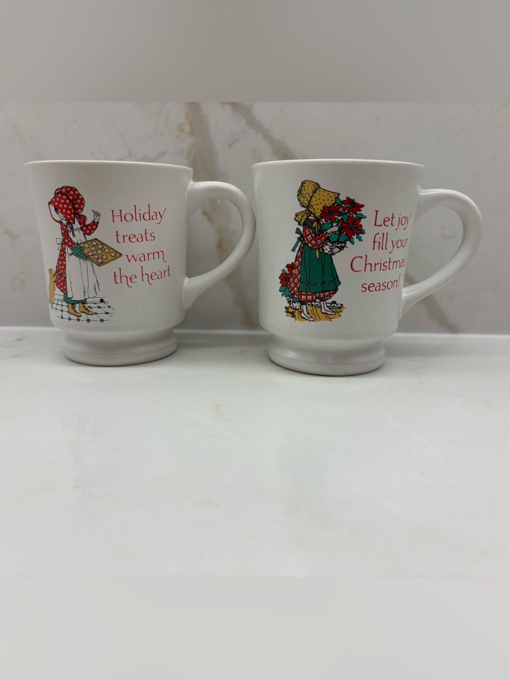 2 Vintage Holly Hobbie Christmas Holiday Keepsake Footed Genuine Stoneware Mugs